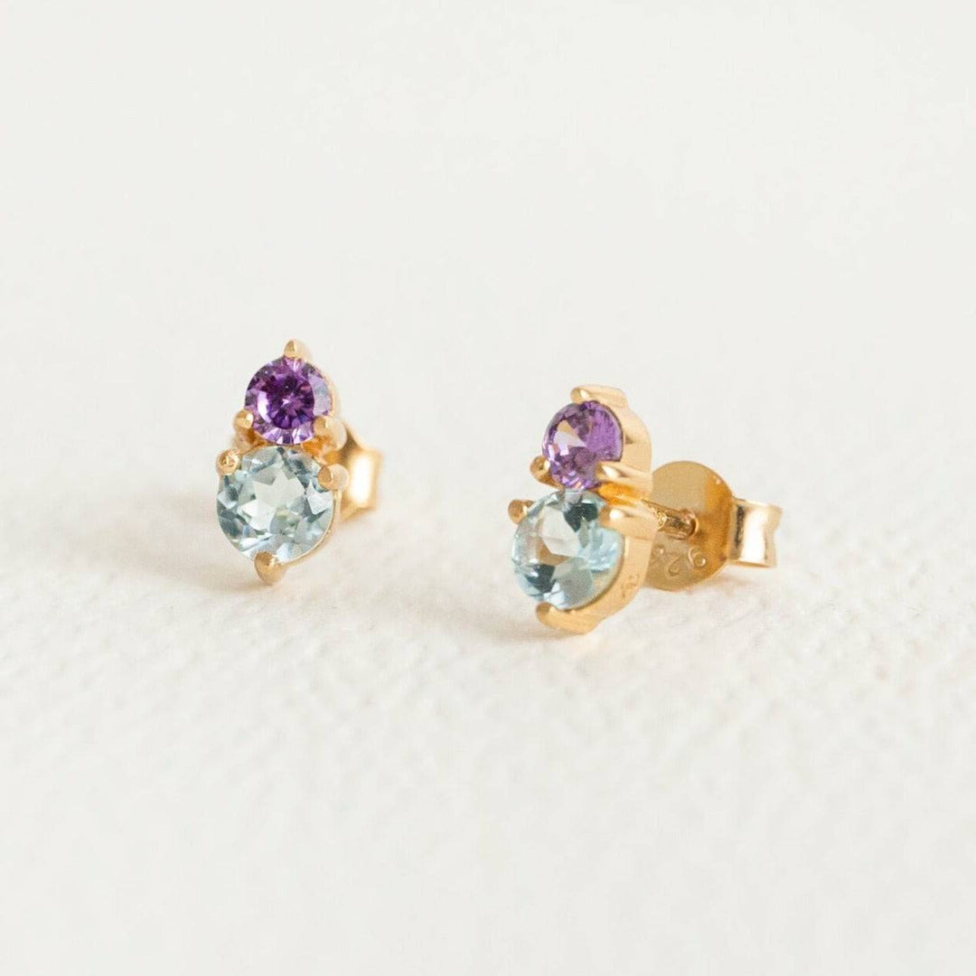 Amethyst and Sky Blue Topaz Gemstone Stud Earrings