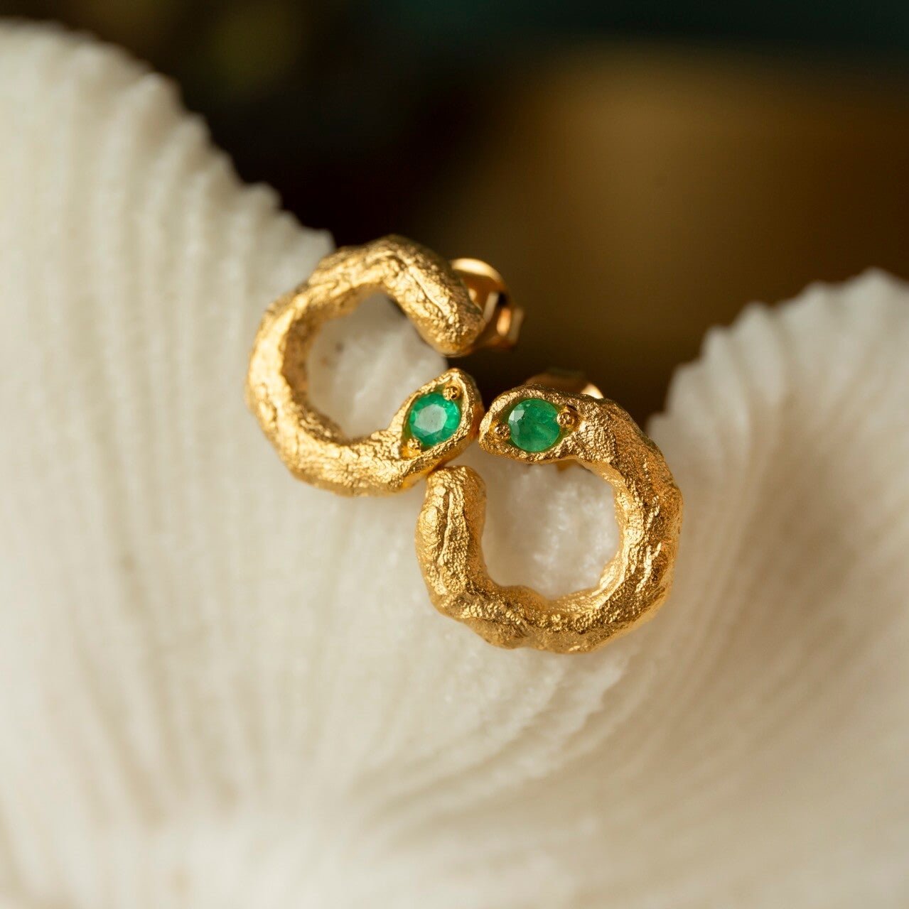 Emerald and 14k Gold Vermeil Asymetric Statement Stud Earrings