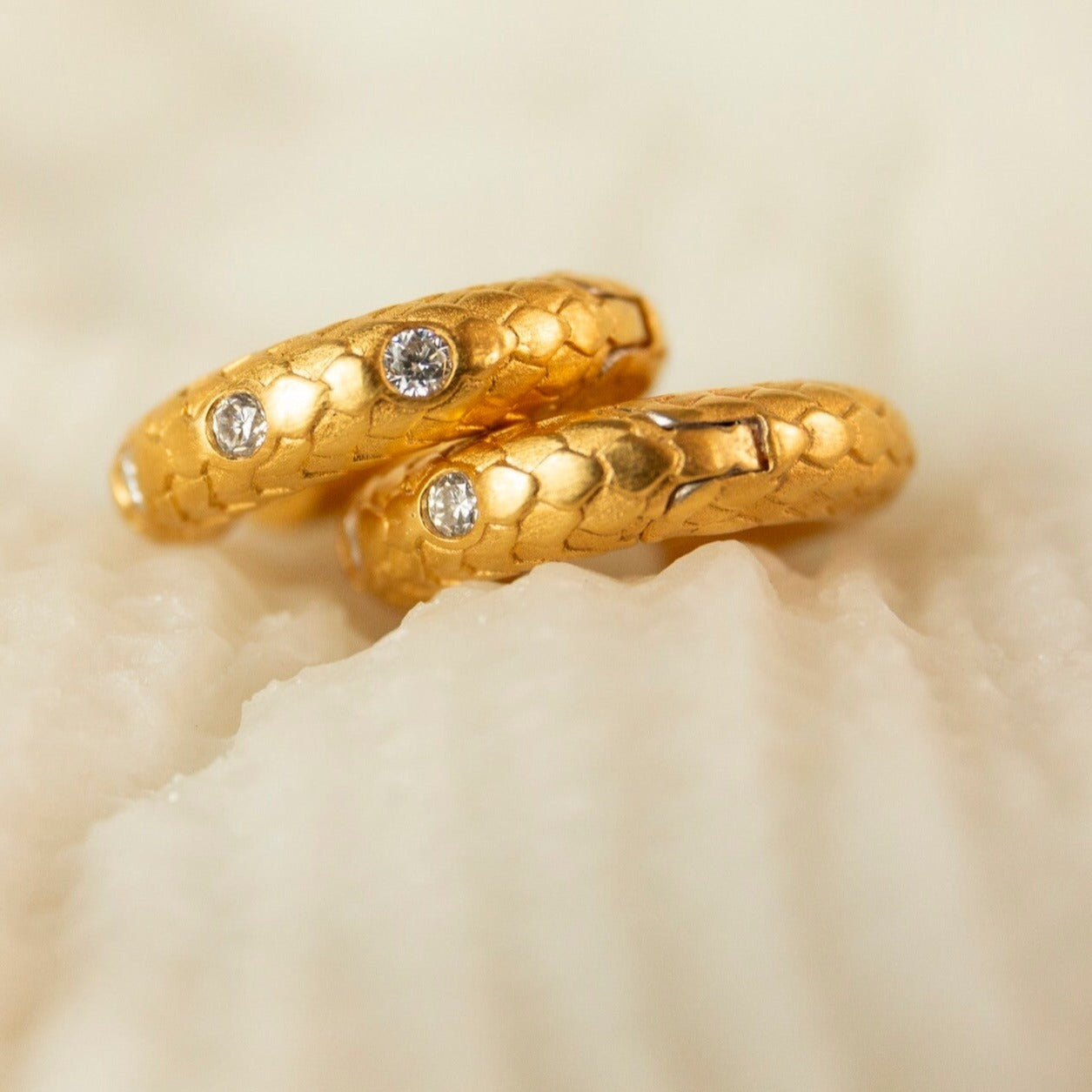 Lab grown diamond and 14k gold vermeil art deco huggie hoop earrings