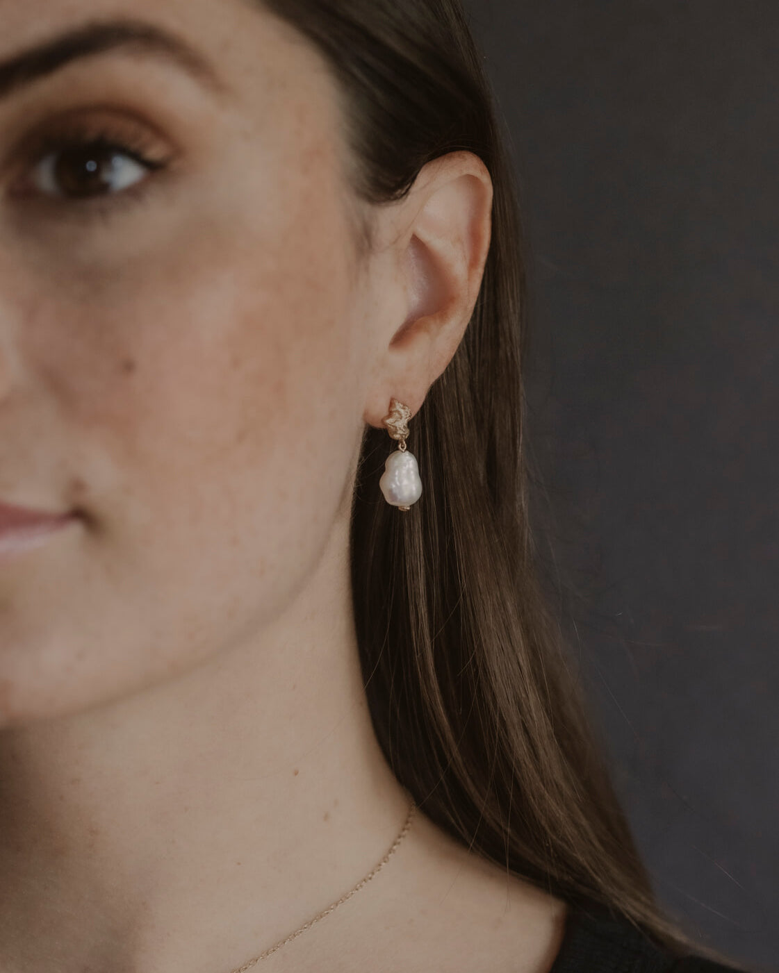 model wears Pearl Gold Vermeil Lichen Drop Earrings
