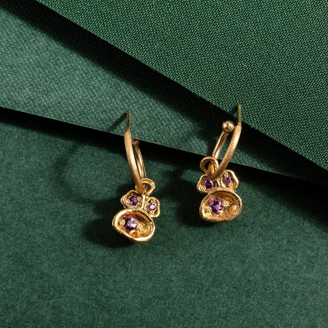 Amethyst and Gold Lichen Hoop Earrings