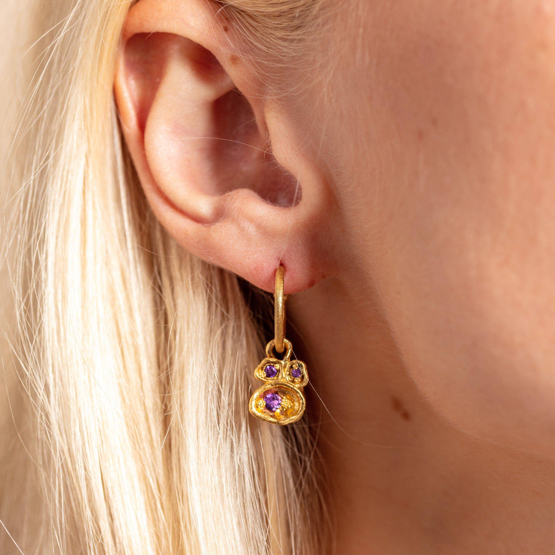 Amethyst and Gold Lichen Hoop Earrings