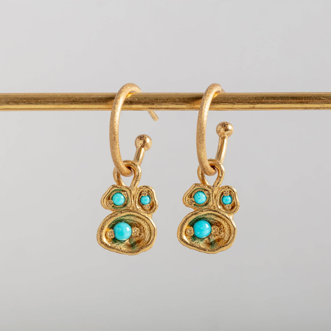 Turquoise and Gold Lichen Hoop Earrings