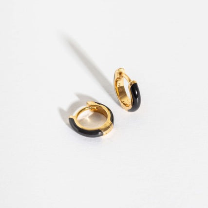 Black Enamel Gold Huggie Hoop Earrings