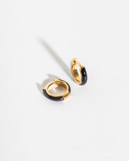 Black Enamel Gold Huggie Hoop Earrings
