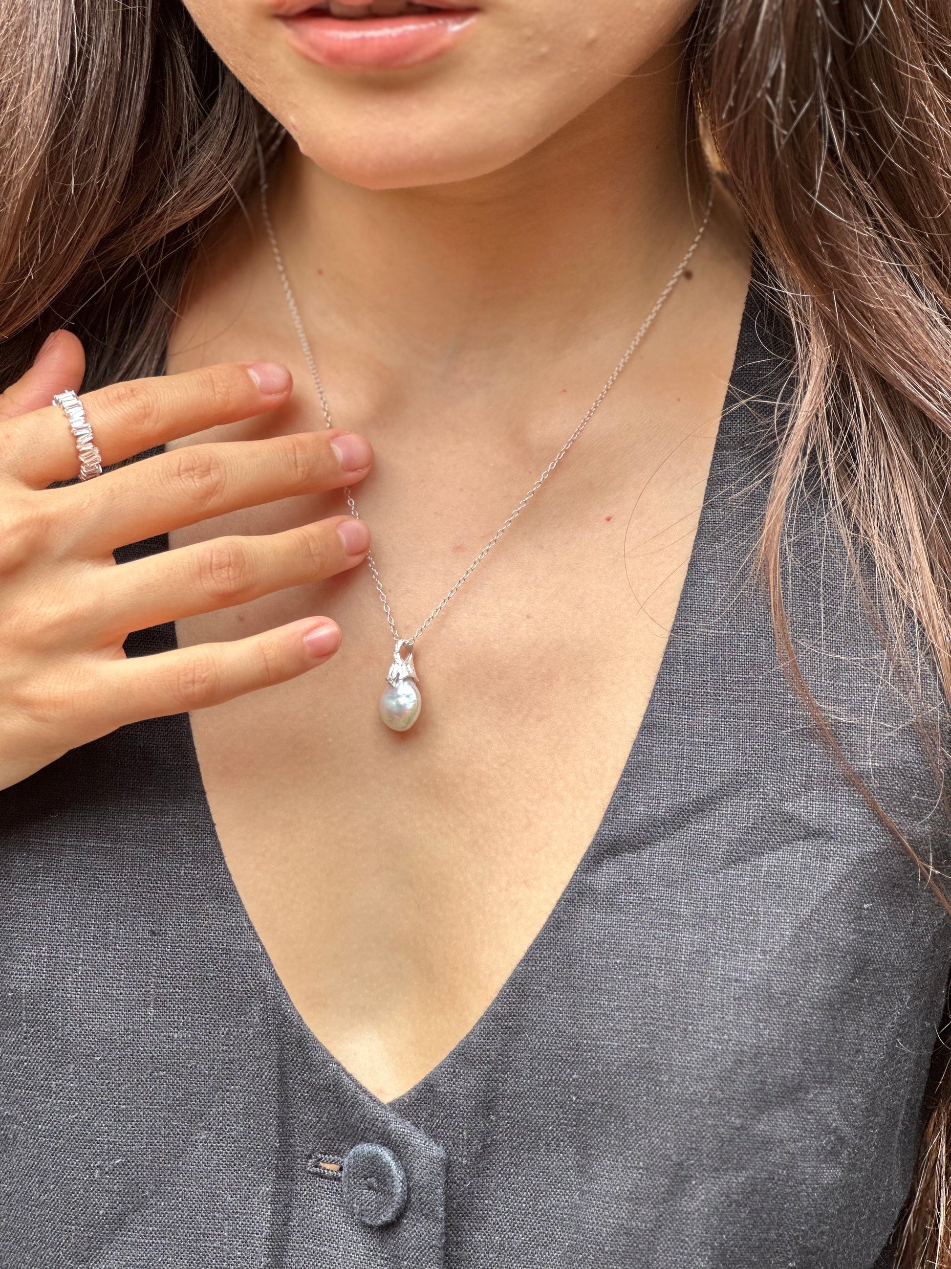 model wears Pearl Silver Lichen Pendant Necklace