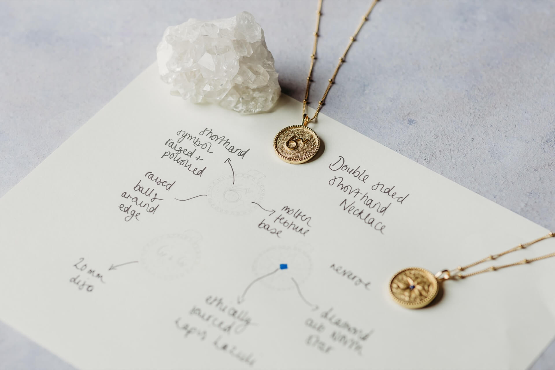 Shorthand necklace jewellery with design notes