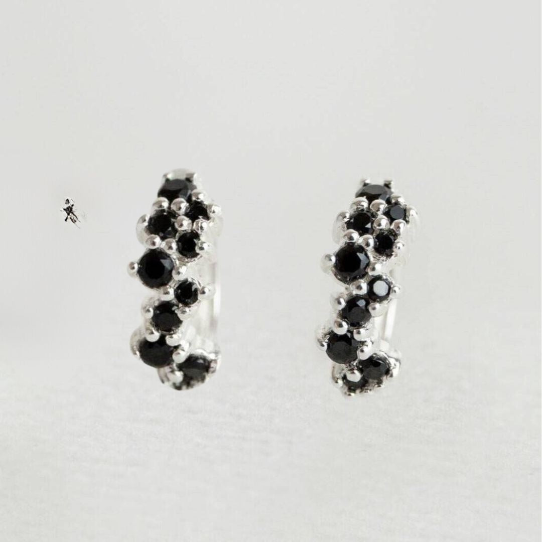 black cubic zirconia and silver huggie hoop earrings