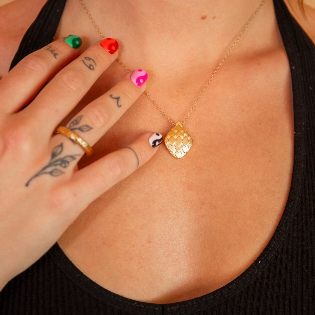 model wears Lab grown diamond and 14k gold vermeil art deco pendant statement necklace