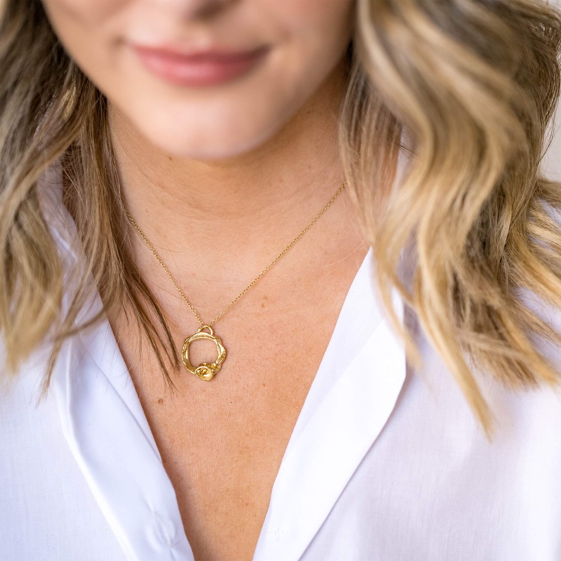 model wears 14k gold vermeil citrine gemstone birthstone large eternity necklace