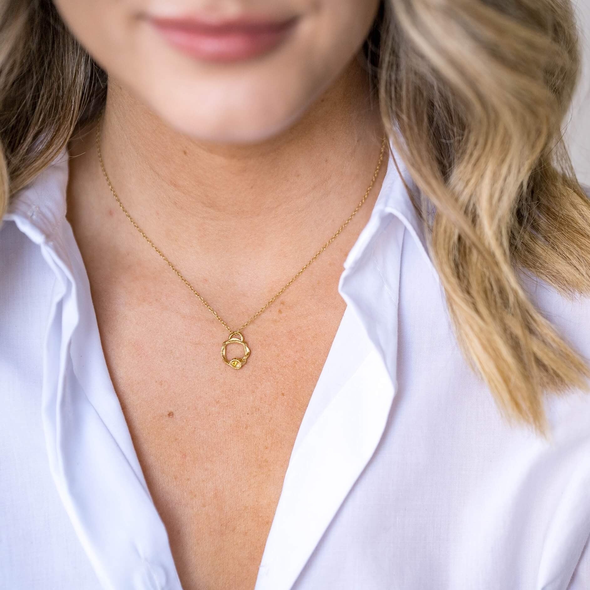 model wears   14k gold vermeil citrine gemstone birthstone small eternity necklace