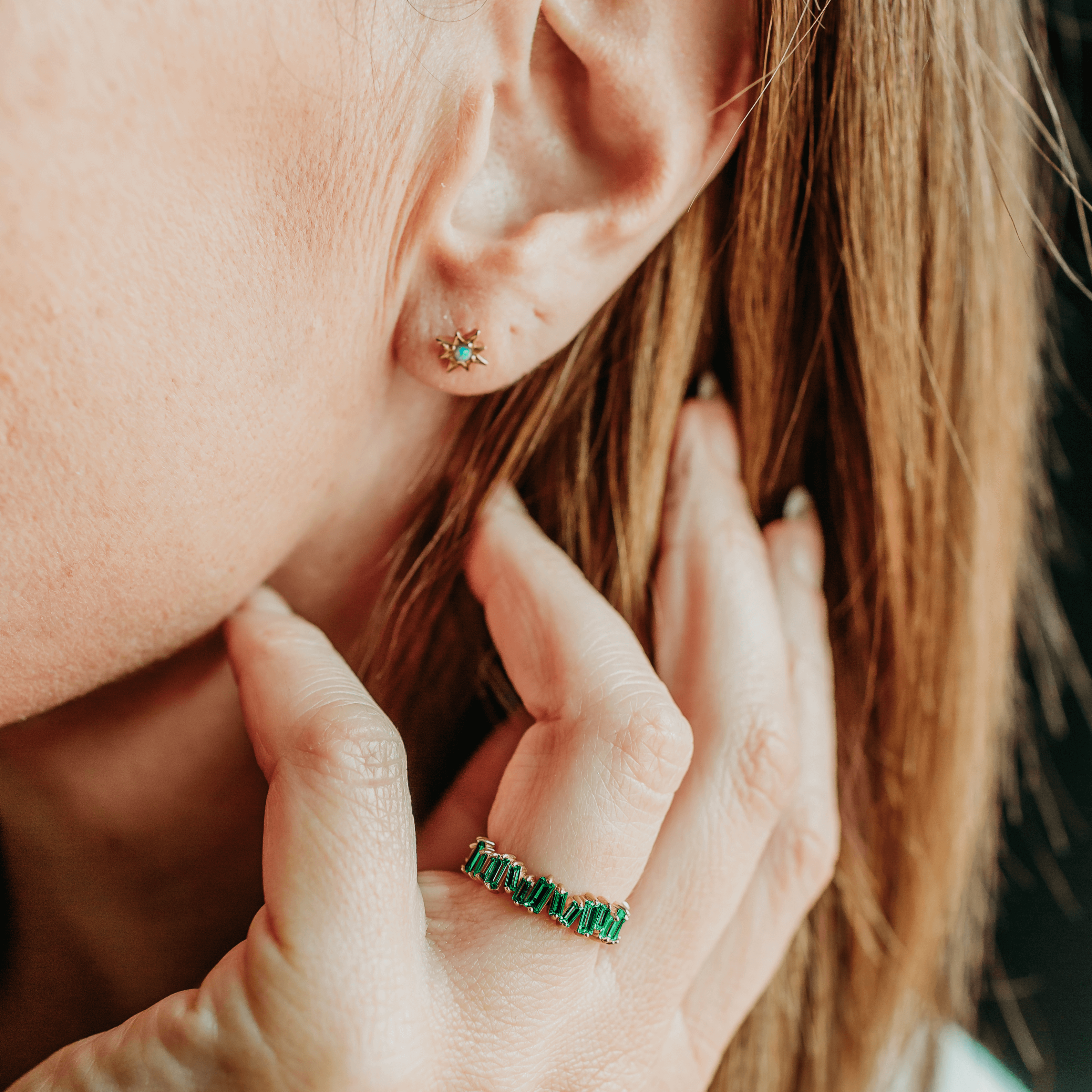 model wears Emerald Gold Vermeil baguette ring