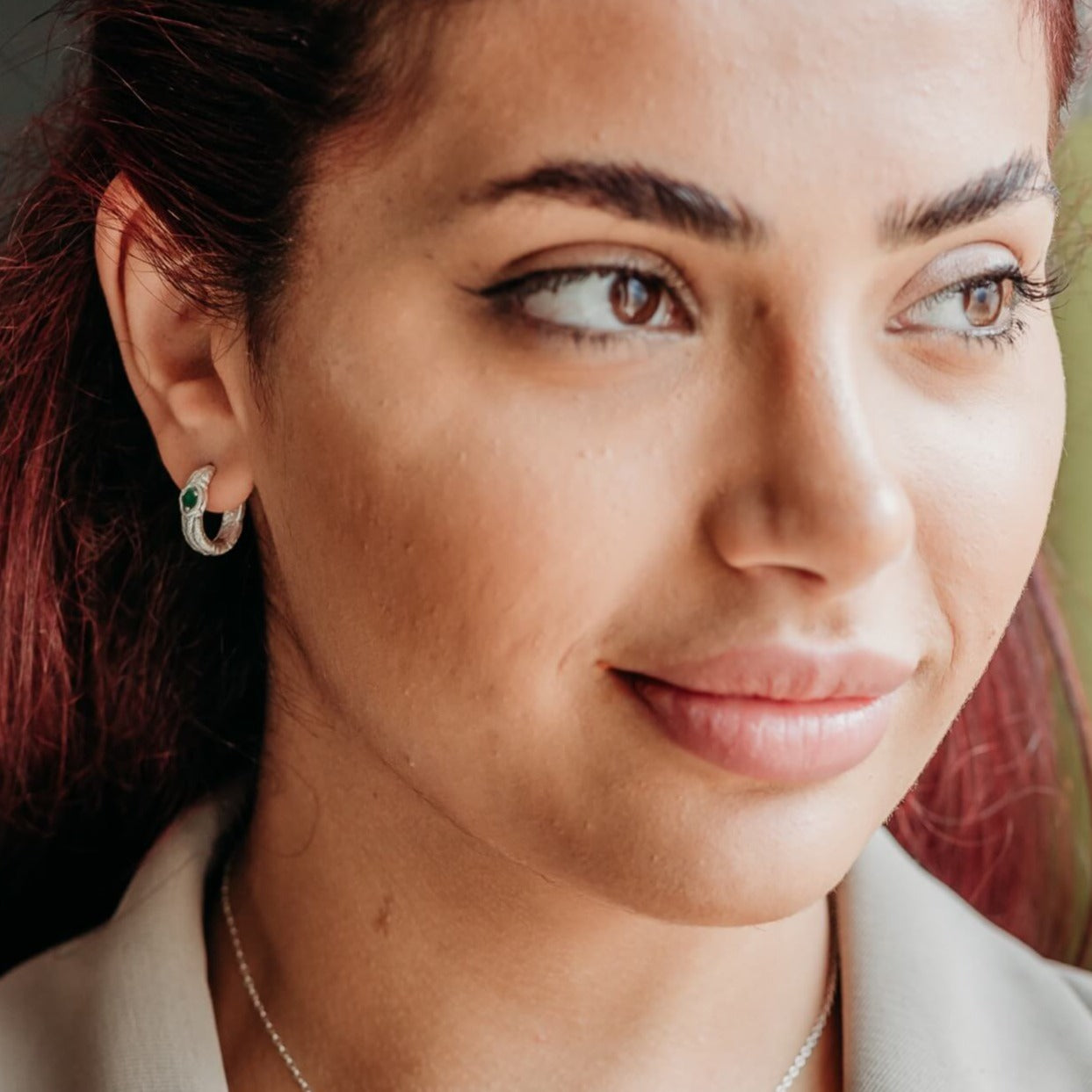 model wears Emerald Gemstone Silver Branch Hoop Earrings
