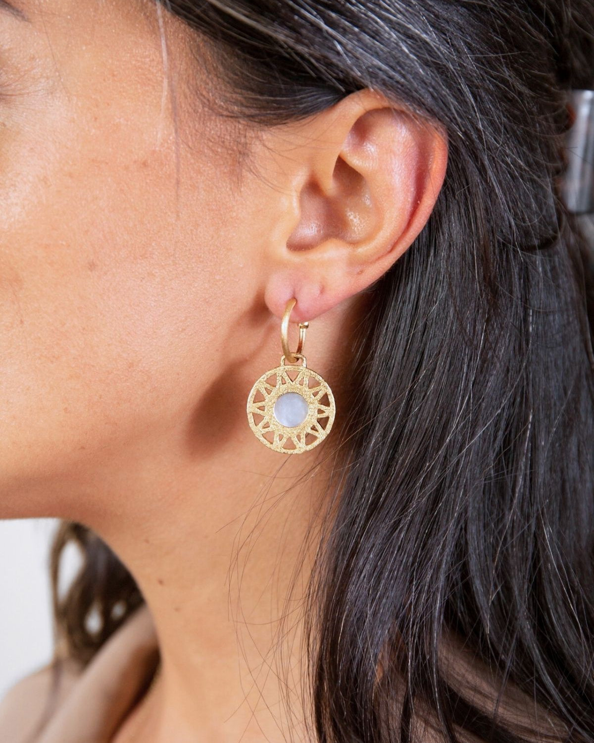 Geometric Mother of Pearl Gold Hoop Earrings