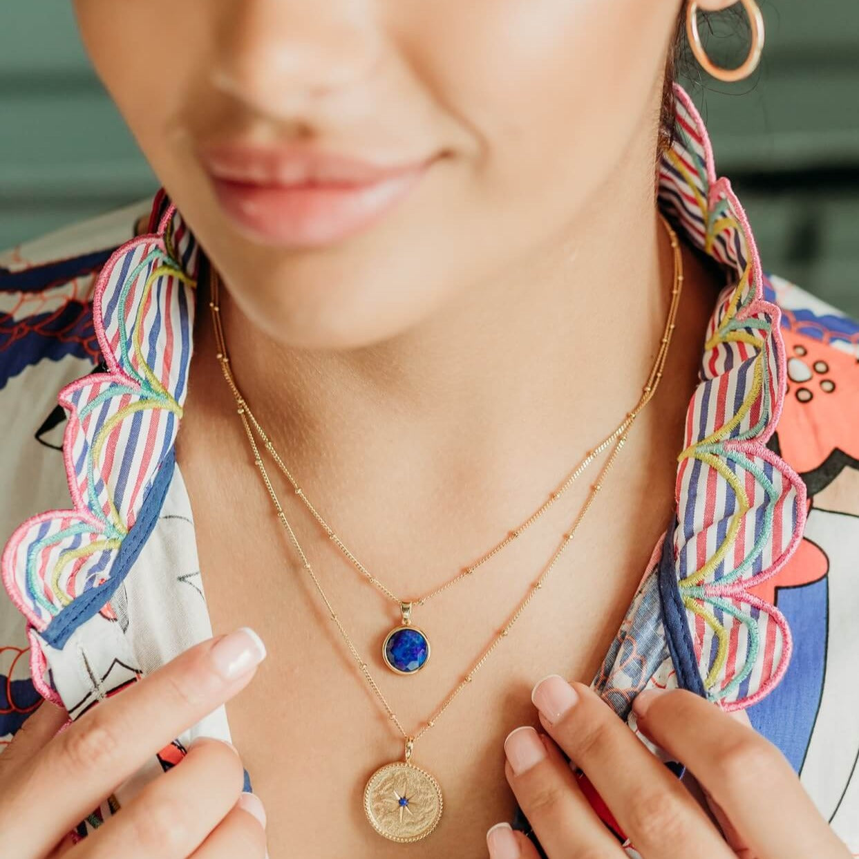 model wears Lapis Lazuli Gold Disc Necklace