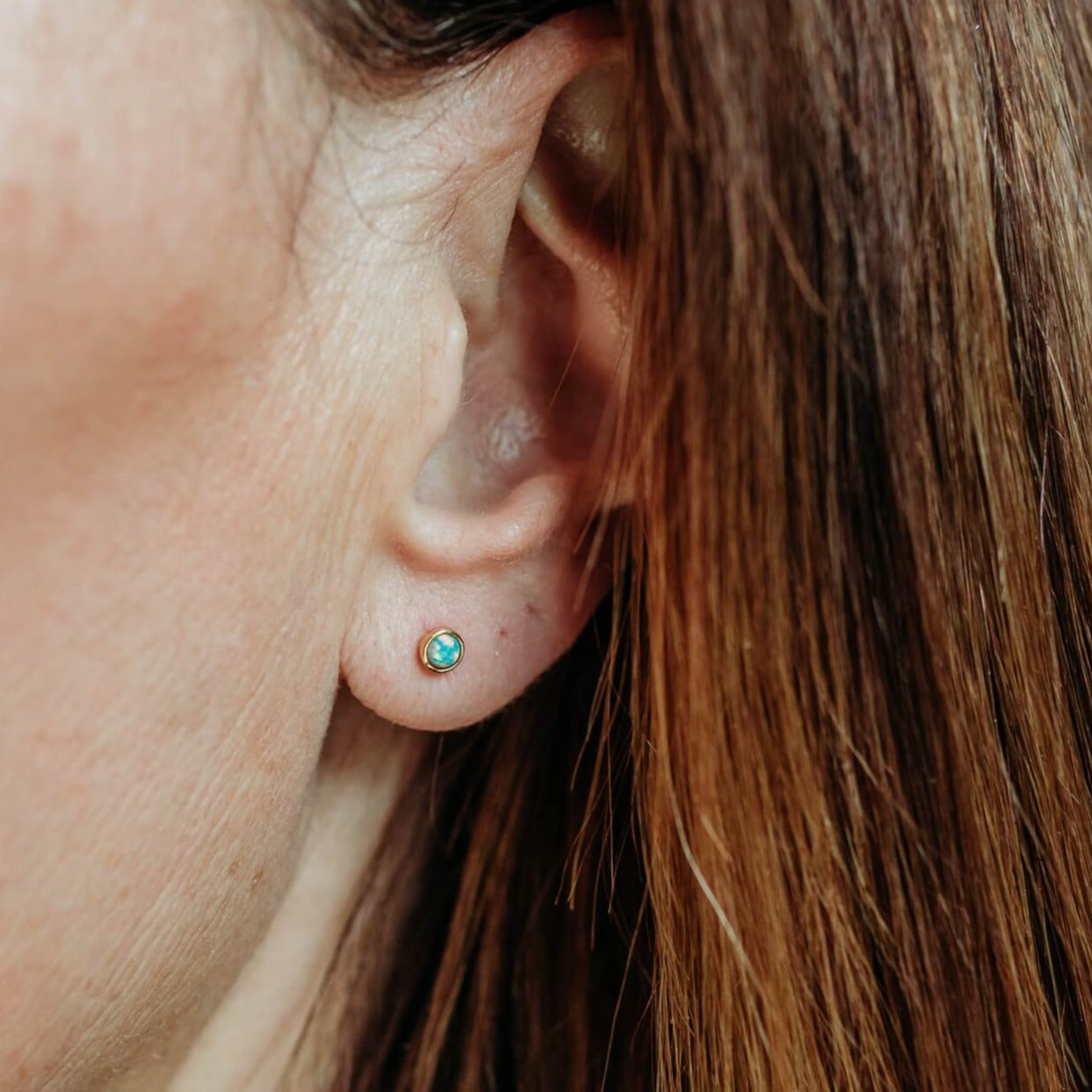 model wears Moon Yellow Opal Gold Stud Earrings