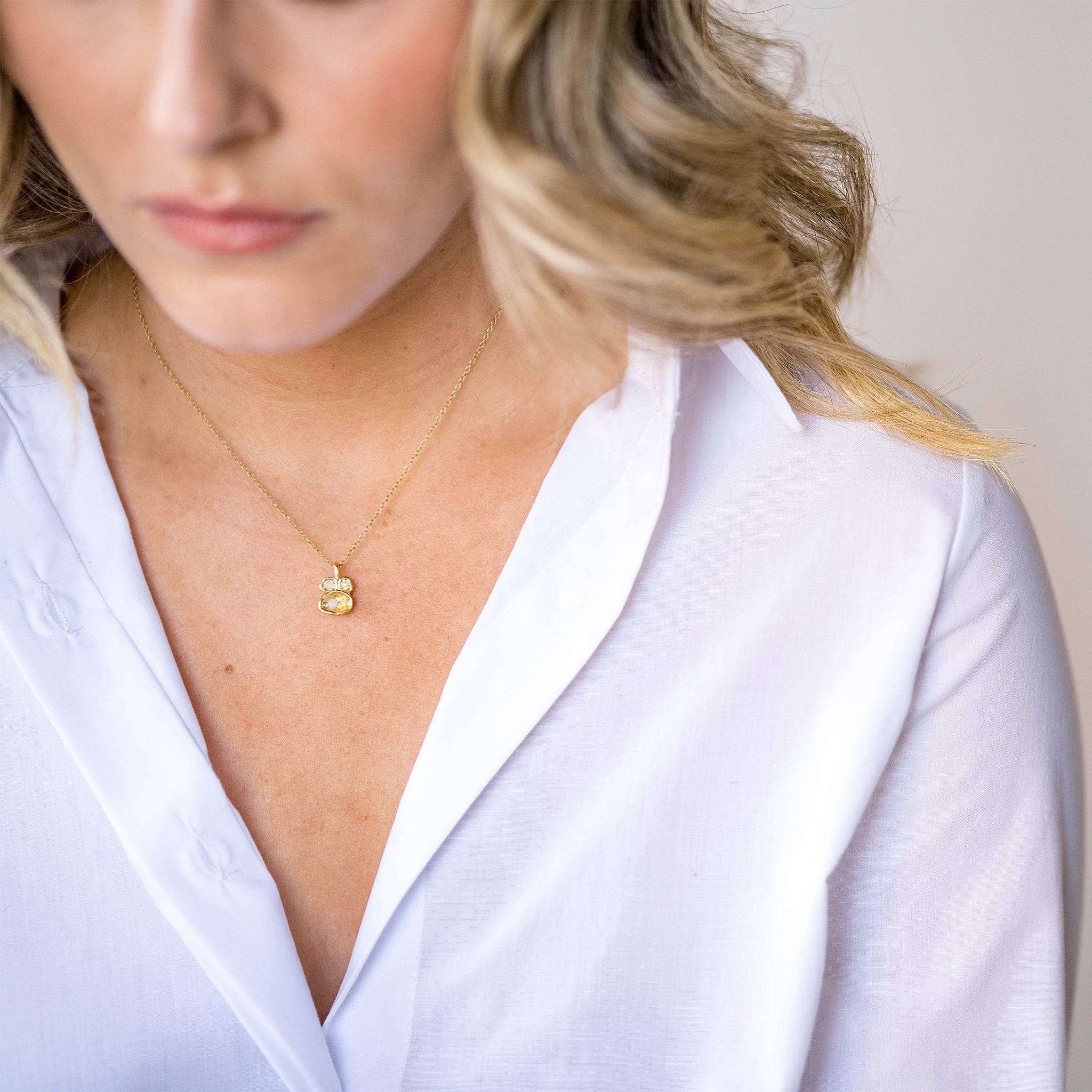 model wears Opal and Gold Lichen Pendant Necklace