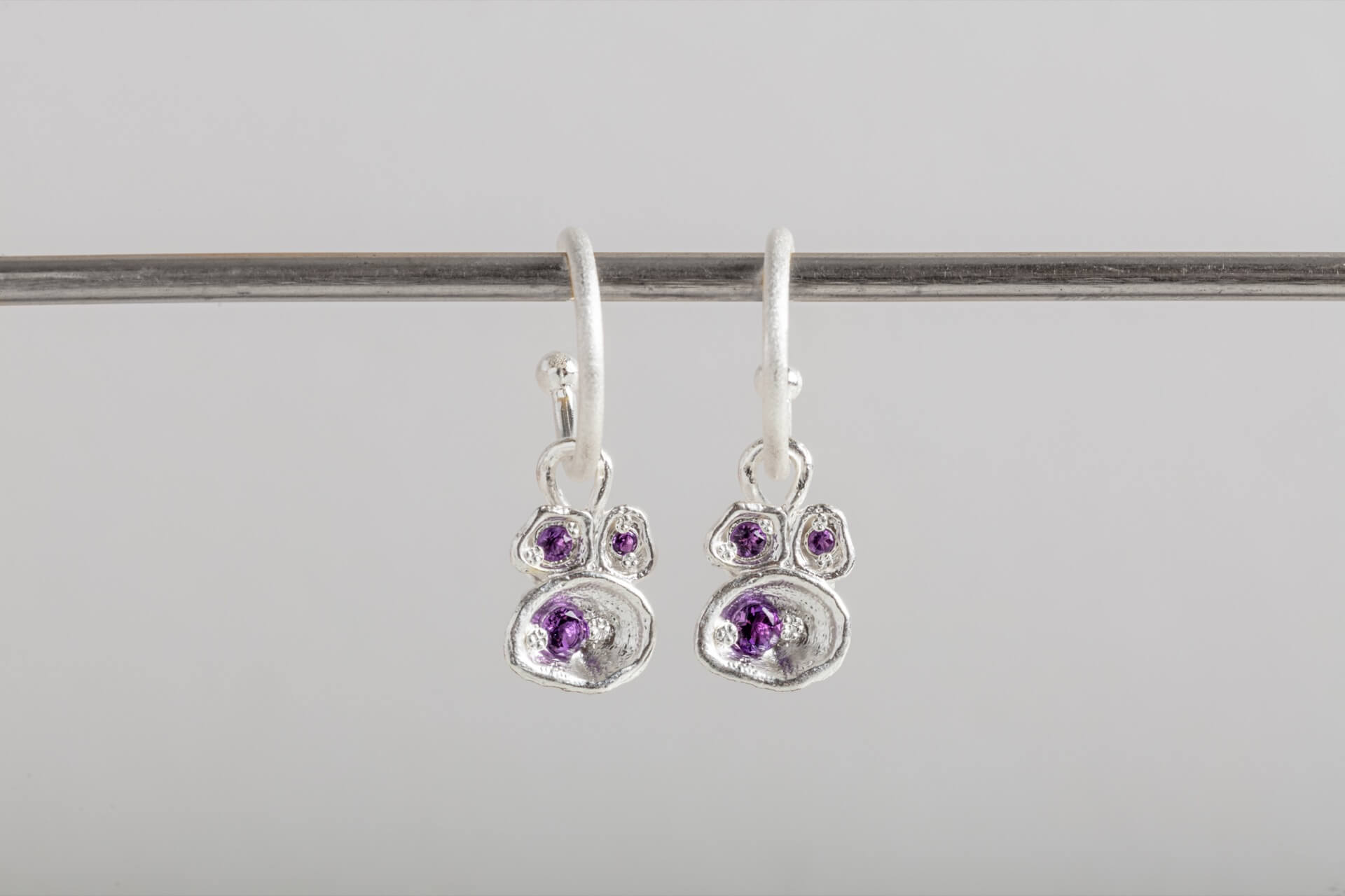 Amethyst Silver Lichen Hoop Earrings