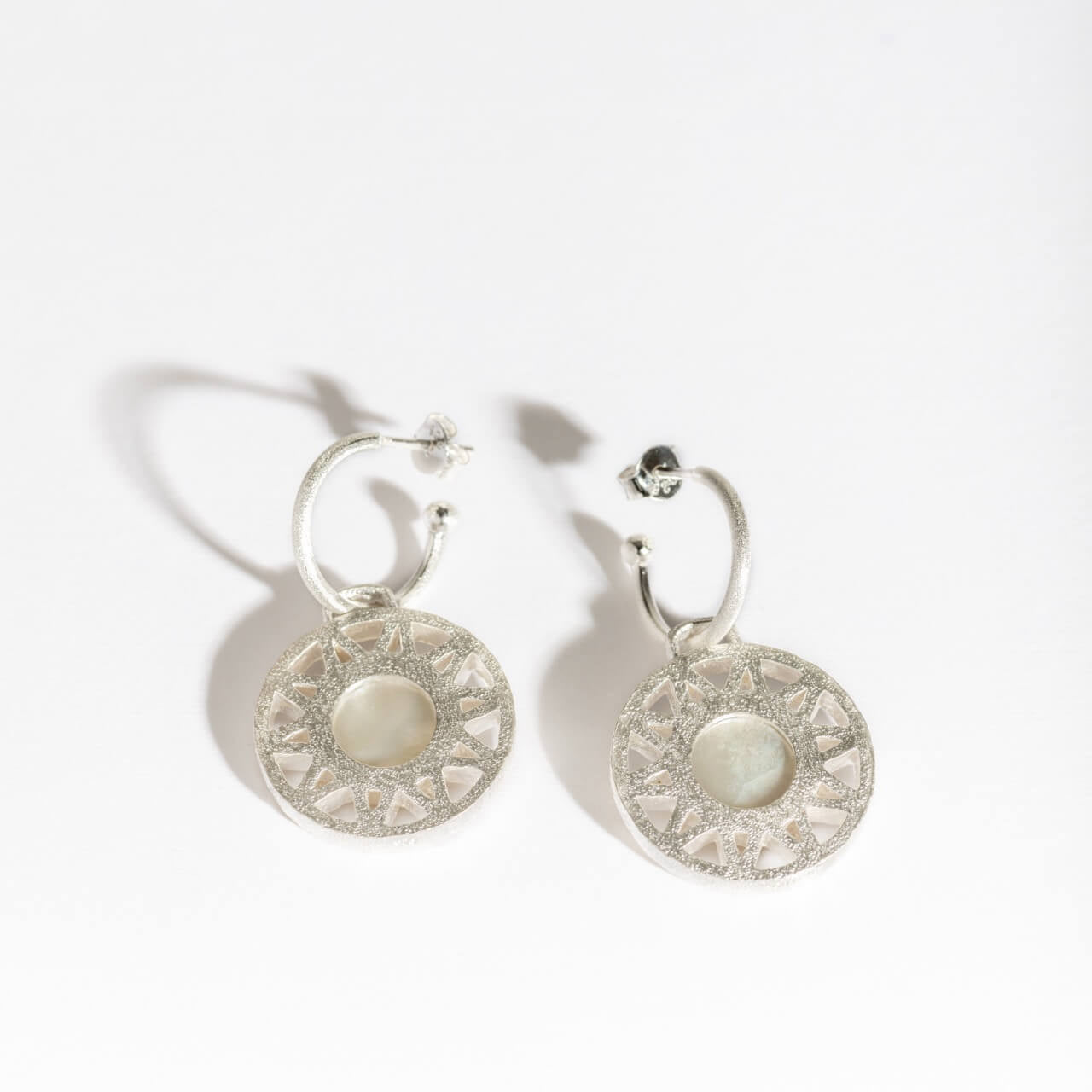 Geometric Mother of Pearl Silver Hoop Earrings