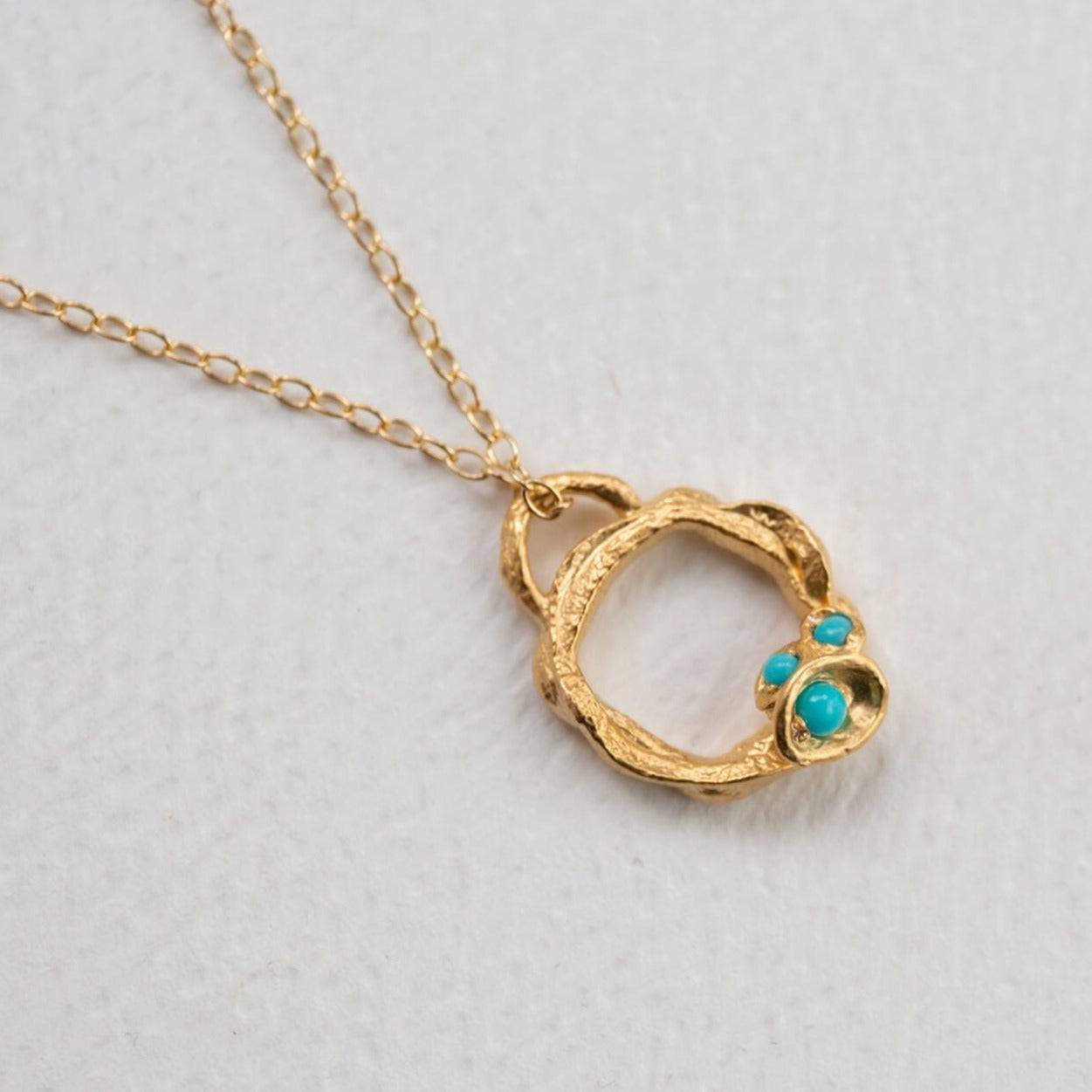 Turquoise and Gold Branch Circle Birthstone Necklace - Small