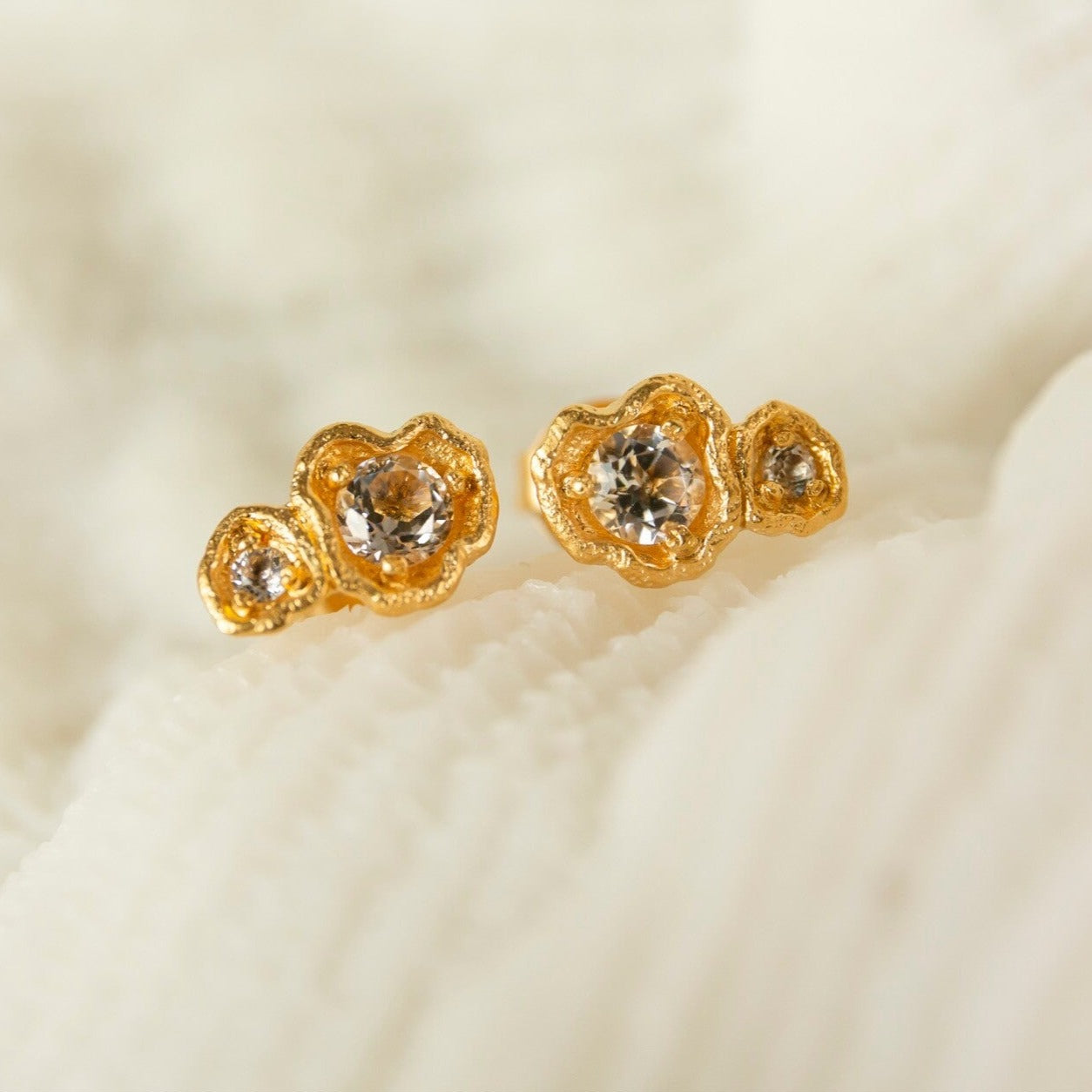 White Topaz Gold Gemstone Double Lichen Stud Earrings
