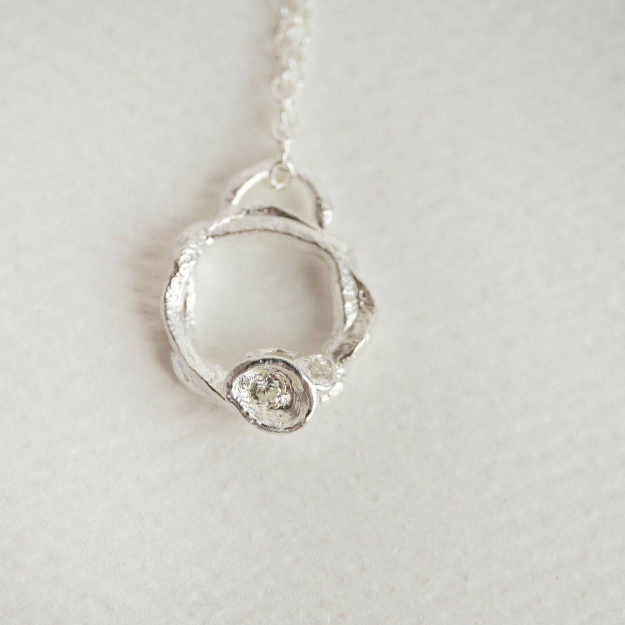 White Topaz and Silver Branch Birthstone Circle Necklace - Small