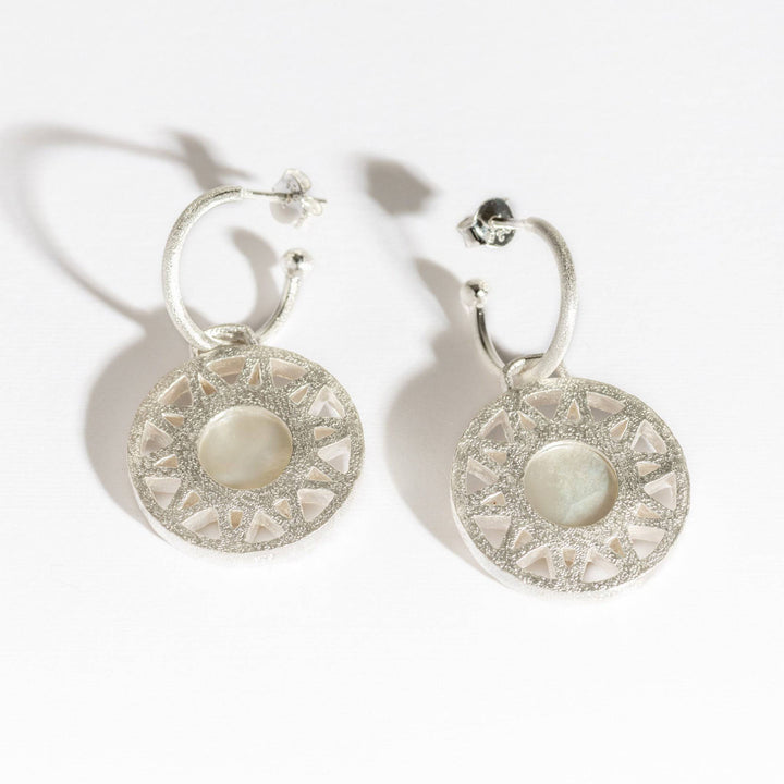Geometric Mother of Pearl and Silver Statement Hoop Earrings