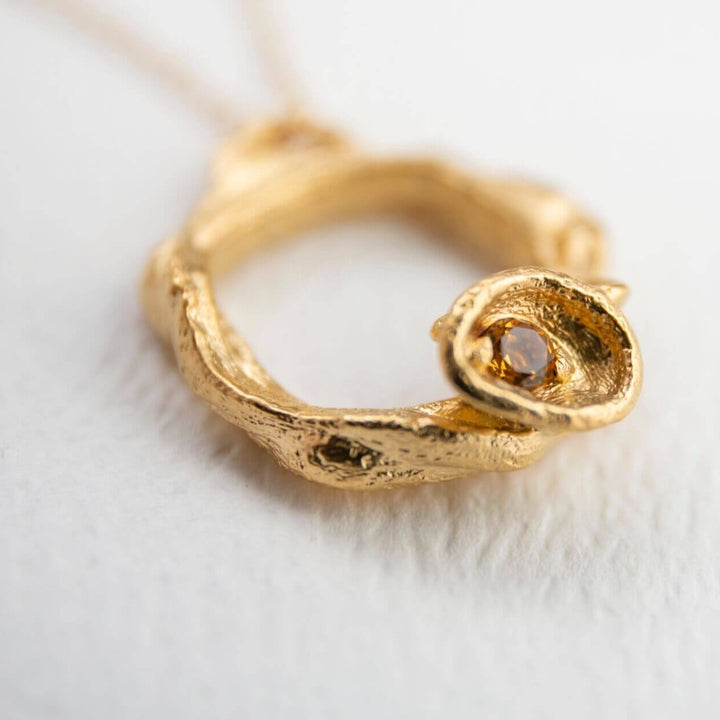 close up of 14k gold vermeil citrine gemstone birthstone large eternity necklace