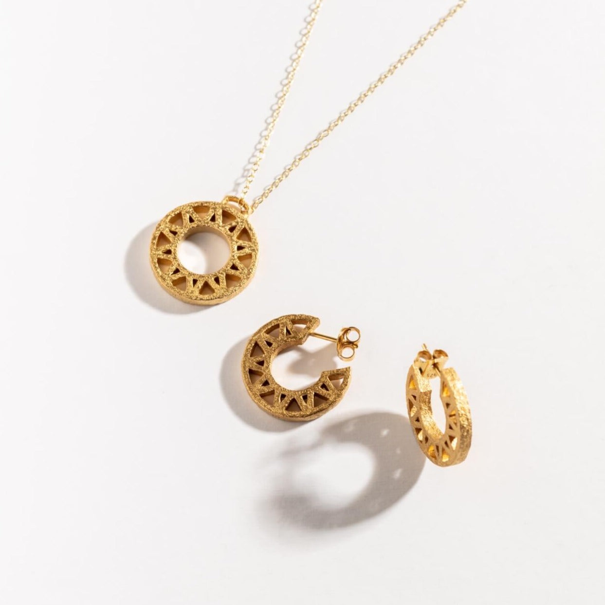 Geometric Gold Hoop Earrings and geometric 14k gold vermeil statement disc necklace