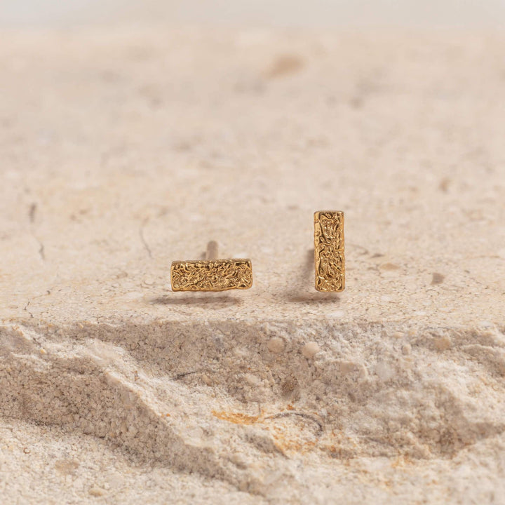 Antique-Textured Gold Bar Stud Earrings