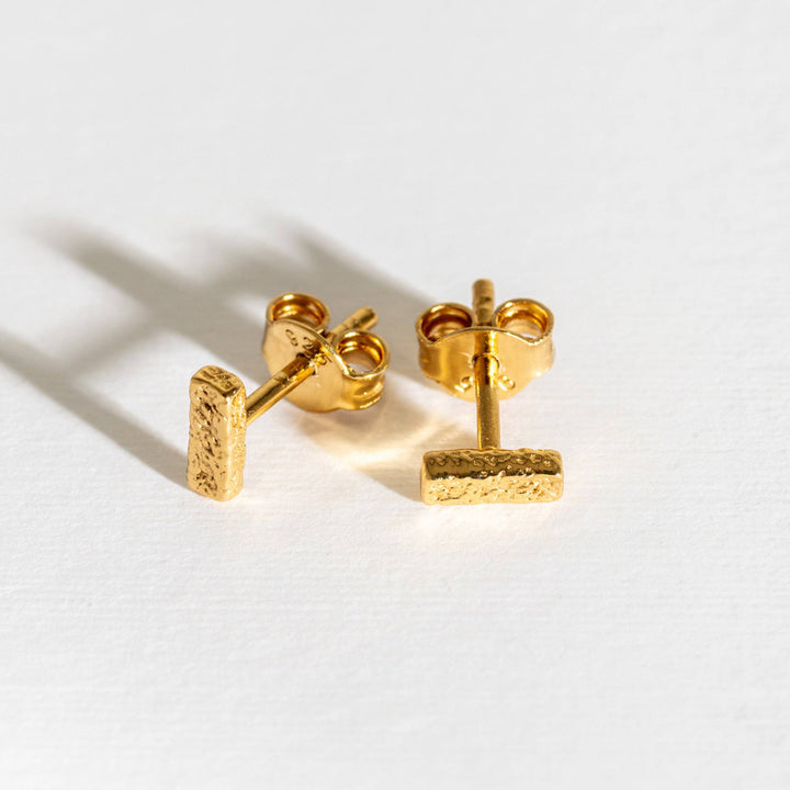 Antique-Textured Gold Bar Stud Earrings