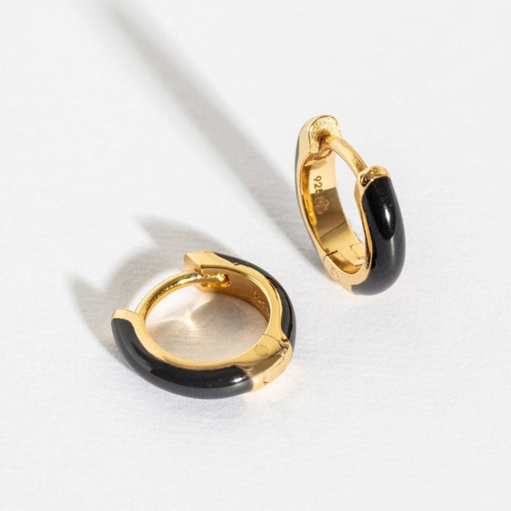 Black Enamel Gold Huggie Earrings