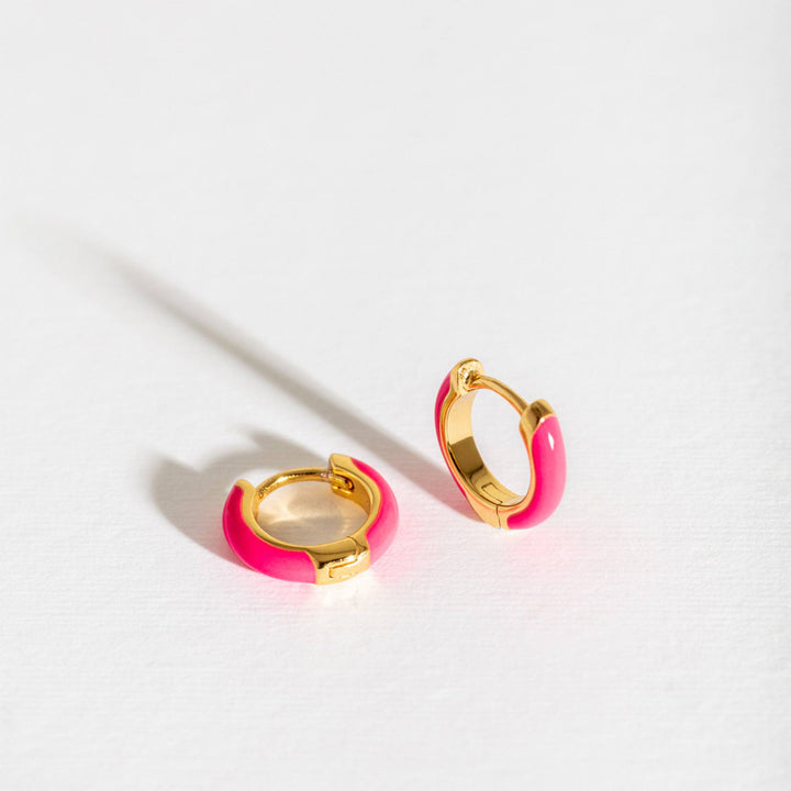 Hot Pink Gold Huggie Earrings