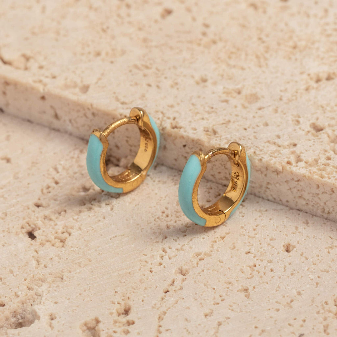 Turquoise Enamel Gold Huggie Earrings