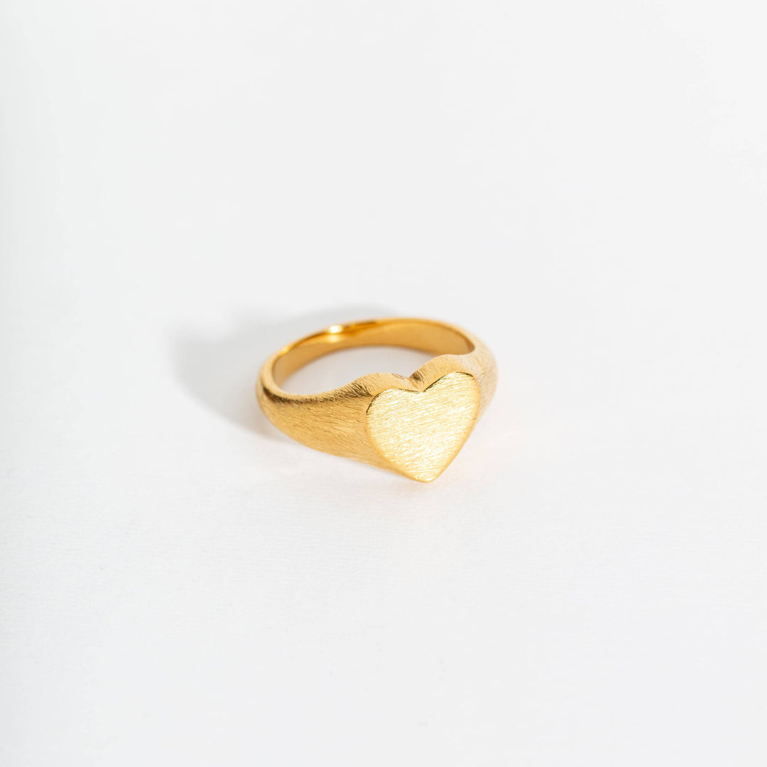 Brushed Heart Gold Signet Ring