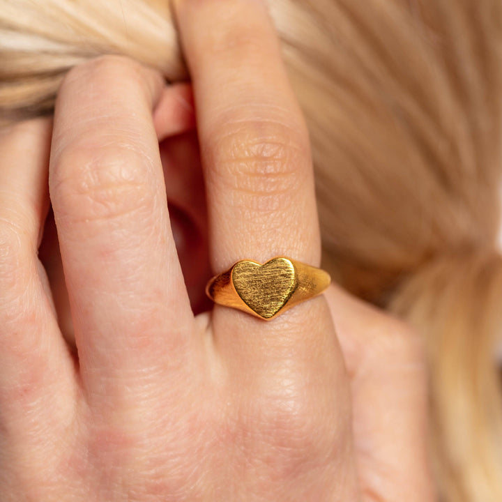 Brushed Heart Gold Signet Ring