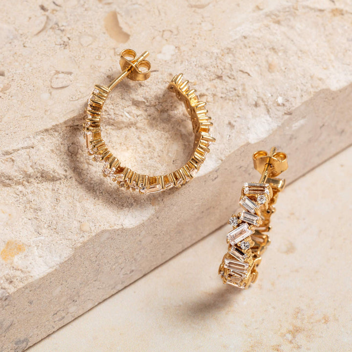 Statement Sparkly Gold Baguette Hoop Earrings (20mm)