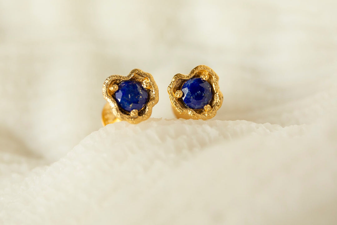 Lapis Lazuli Gold Lichen Stud Earrings