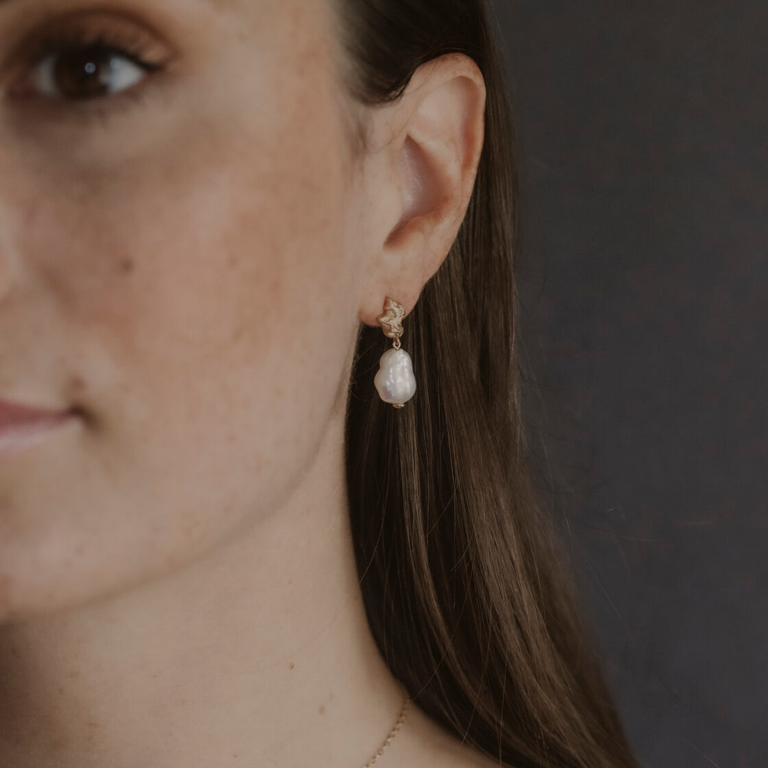 model wears Pearl Gold Vermeil Lichen Drop Earrings