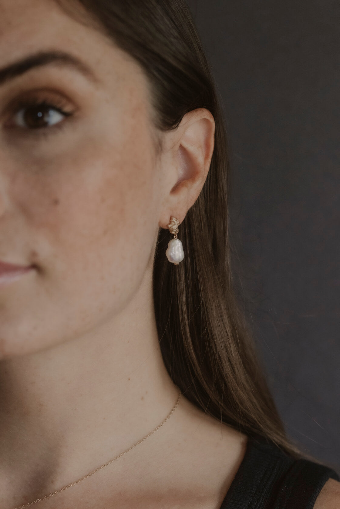 model wears Pearl Gold Vermeil Lichen Drop Earrings