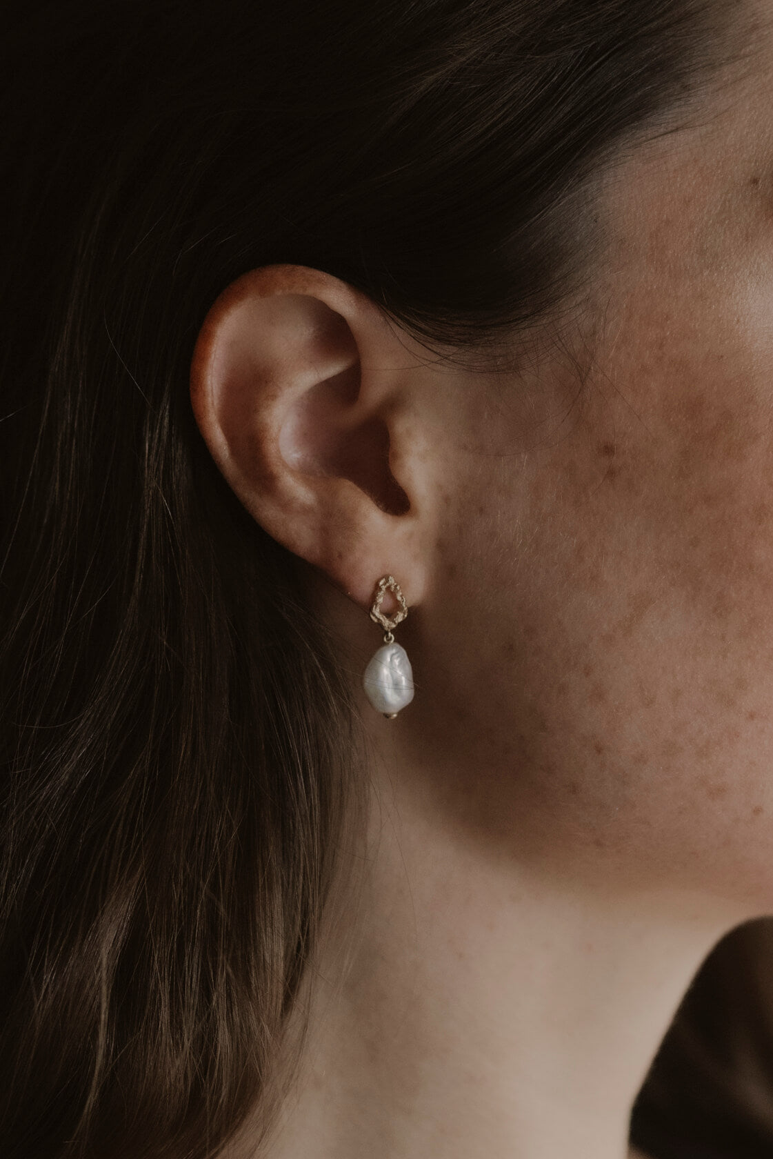 model wears Pearl Gold Vermeil Lichen Drop Earrings
