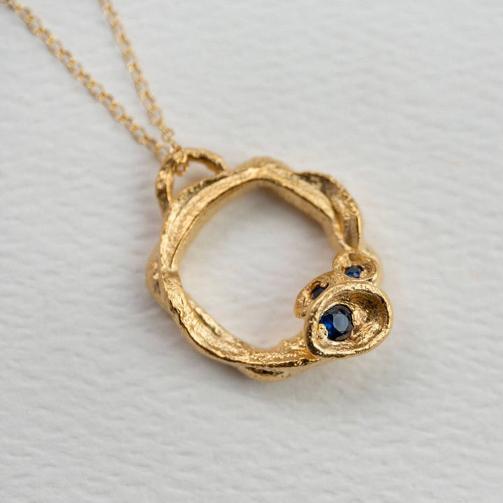Blue Sapphire and Gold Circle Branch Necklace - Large