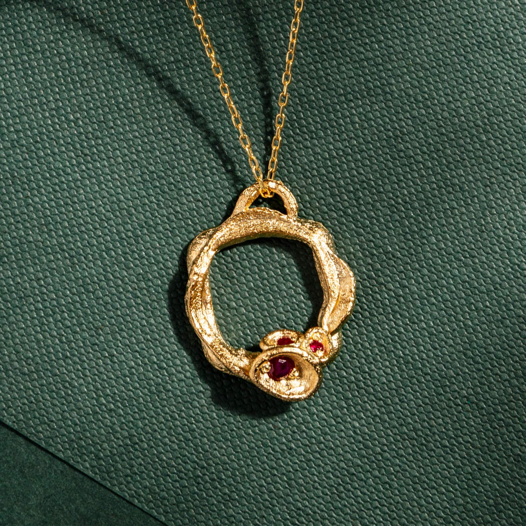 Ruby and Gold Branch Circle Necklace - Large