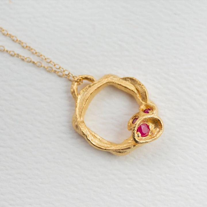 Ruby and Gold Branch Circle Necklace - Large