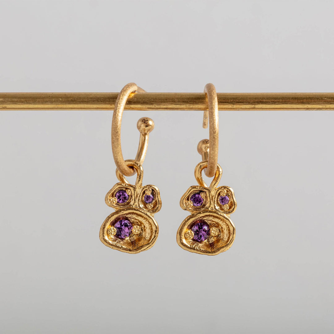 Amethyst and Gold Lichen Hoop Earrings