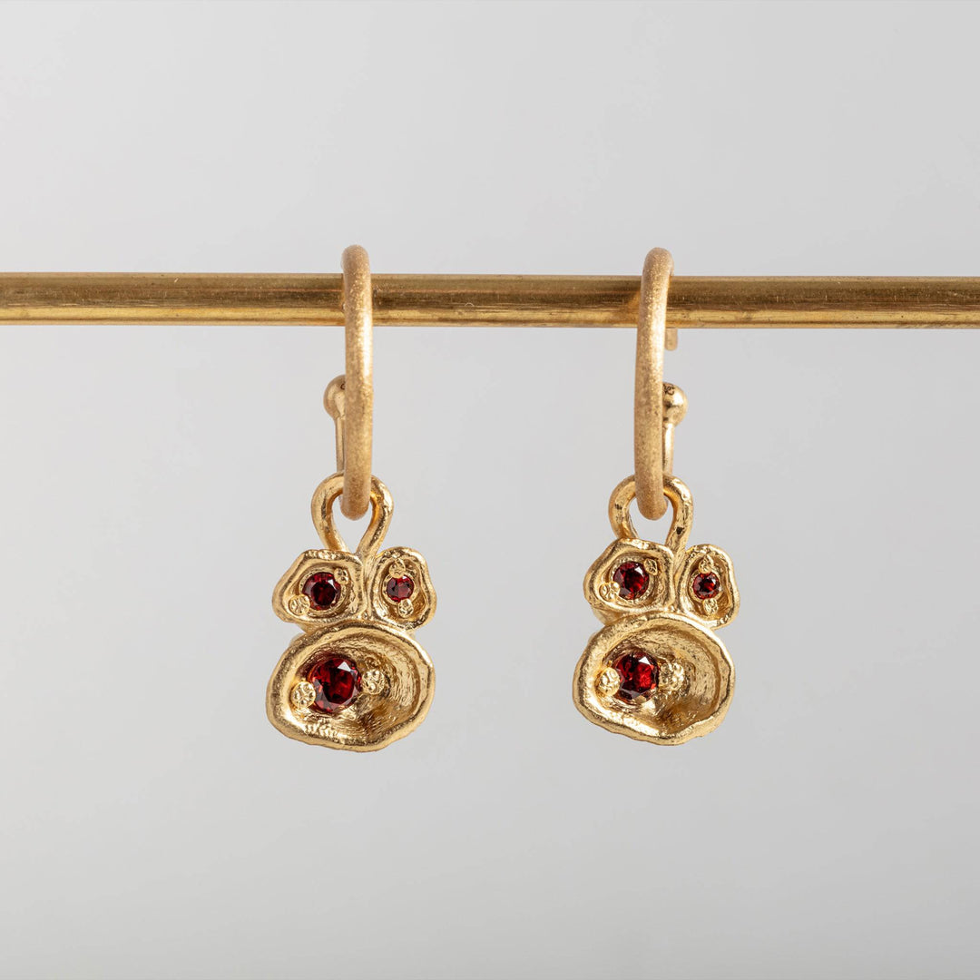 Garnet and Gold Lichen Hoop Earrings