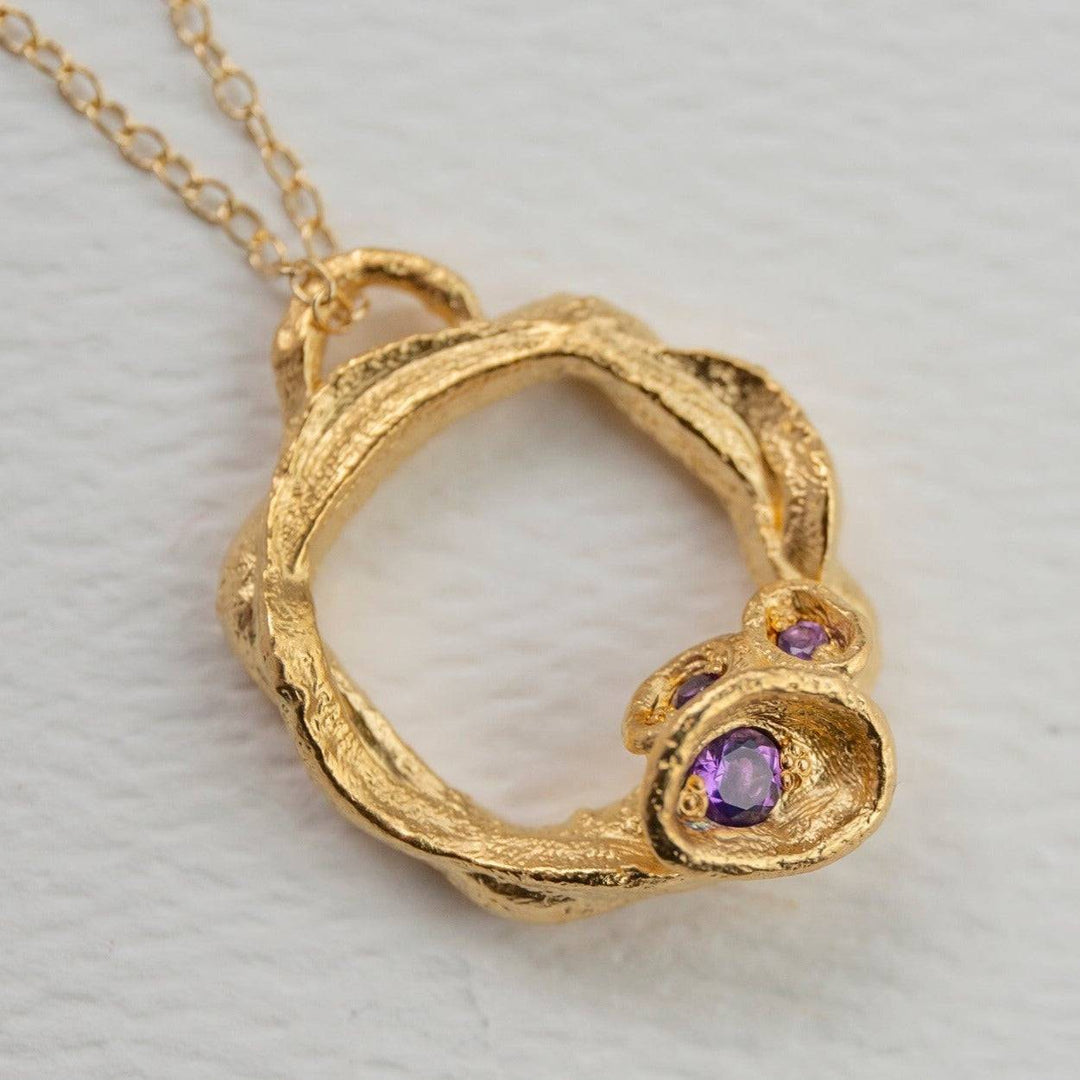 Amethyst and Gold Branch Circle Necklace - Large