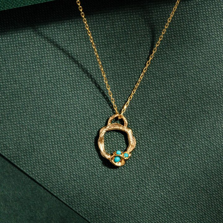 Turquoise and Gold Branch Circle Necklace - Small