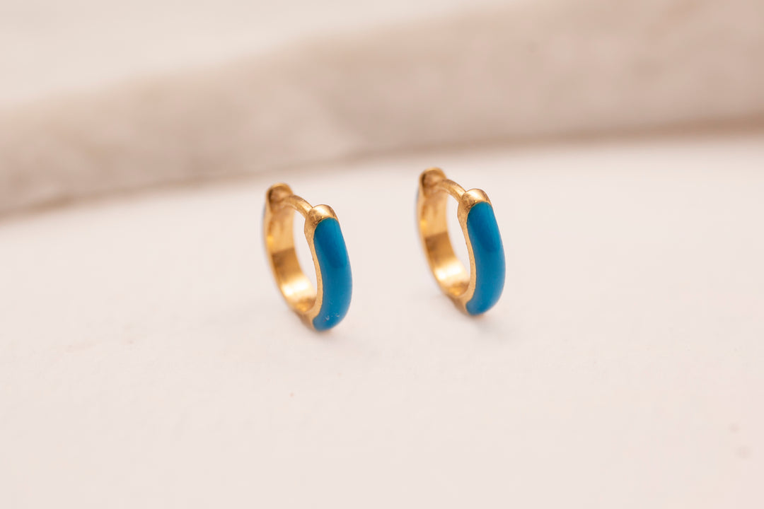 Blue Enamel Gold Huggie Earrings