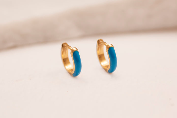 Blue Enamel Gold Huggie Earrings